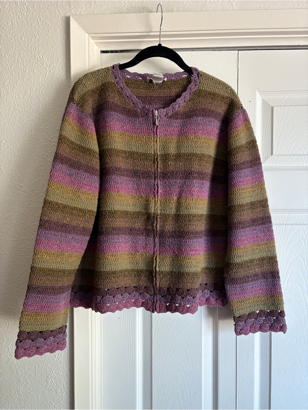 VINTAGE Talbot Hand Knit Lambswool Striped Crochet Crewneck Sweater